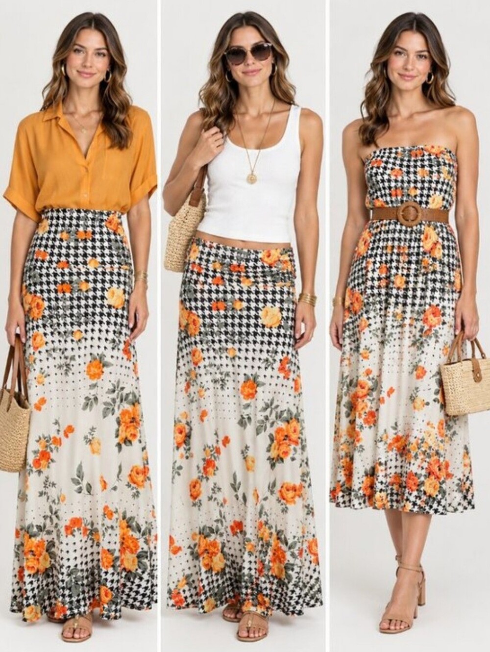 NWT LuLaRoe 2XL MAXI Skirt Dress Black White Houndstooth Ombré Orange Dip Roses